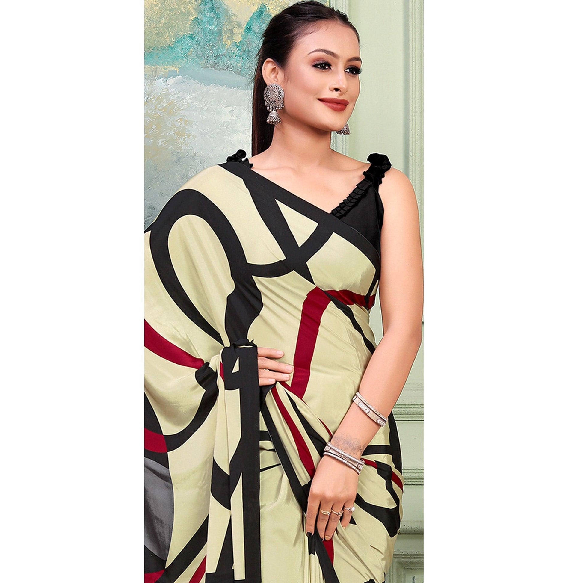 Cream Printed Raw Silk Saree