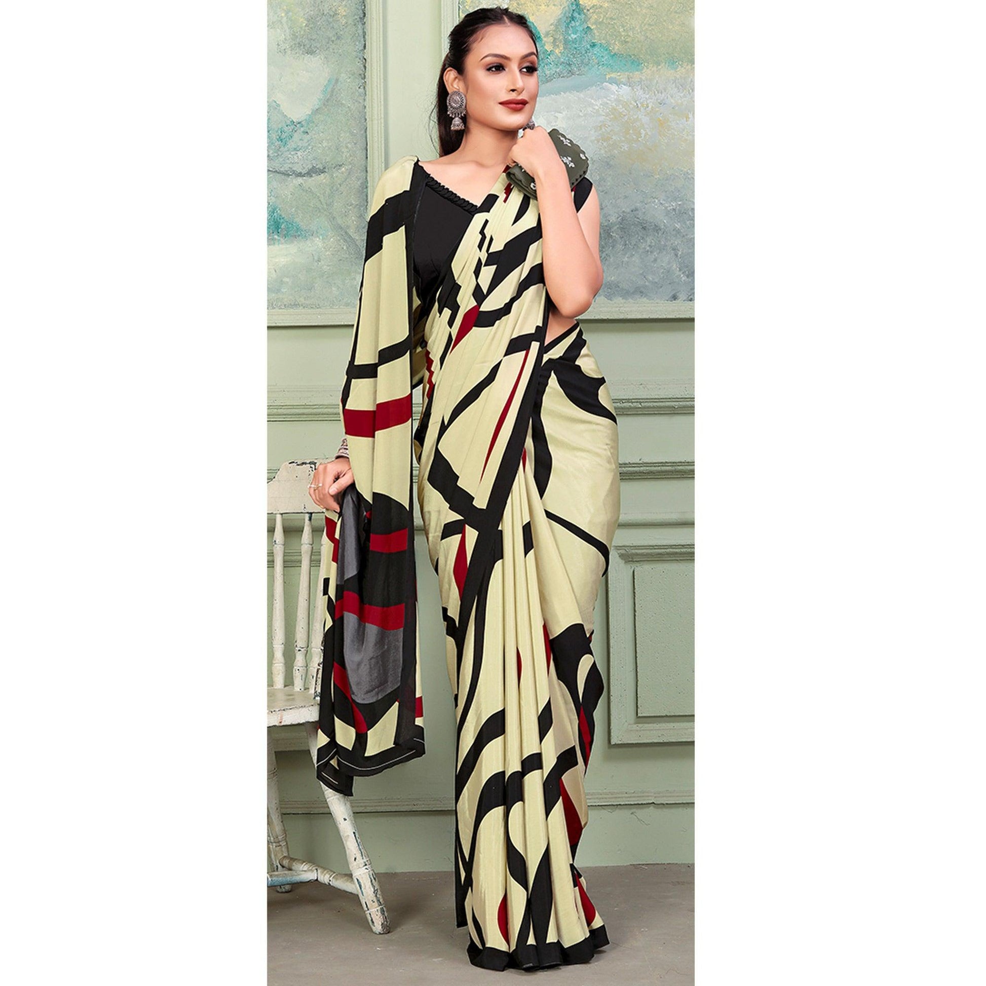 Cream Printed Raw Silk Saree