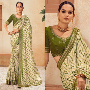 Cream Printed With Embellished Chiffon Saree With Tassels