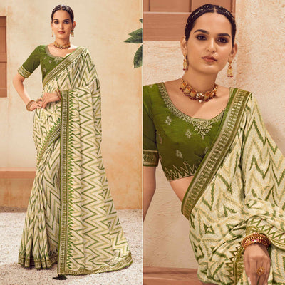 Cream Printed With Embellished Chiffon Saree With Tassels