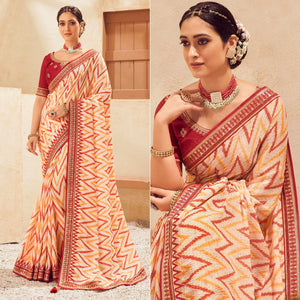 Cream Printed With Embellished Chiffon Saree With Tassels