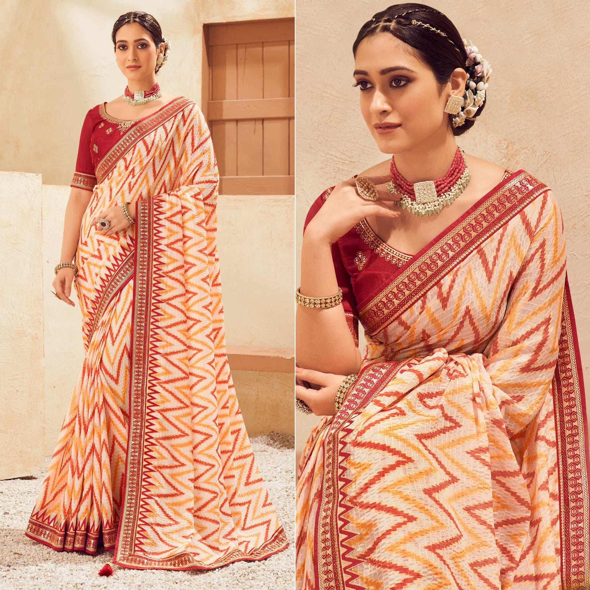 Cream Printed With Embellished Chiffon Saree With Tassels