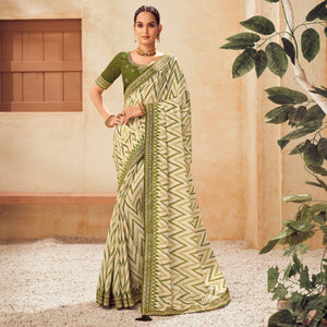 Cream Printed With Embellished Chiffon Saree With Tassels