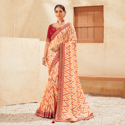 Cream Printed With Embellished Chiffon Saree With Tassels