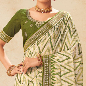 Cream Printed With Embellished Chiffon Saree With Tassels
