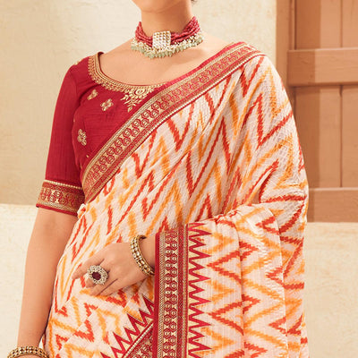 Cream Printed With Embellished Chiffon Saree With Tassels