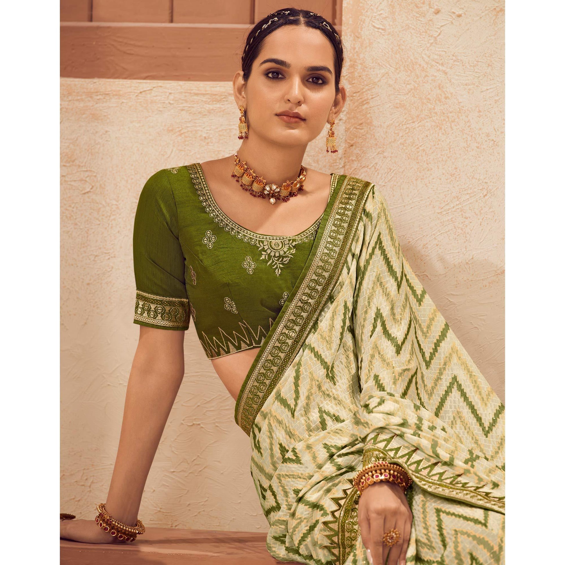 Cream Printed With Embellished Chiffon Saree With Tassels