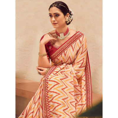 Cream Printed With Embellished Chiffon Saree With Tassels