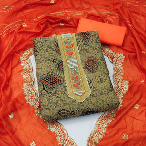 Cream Printed With Embellished Pure Cotton Dress Material