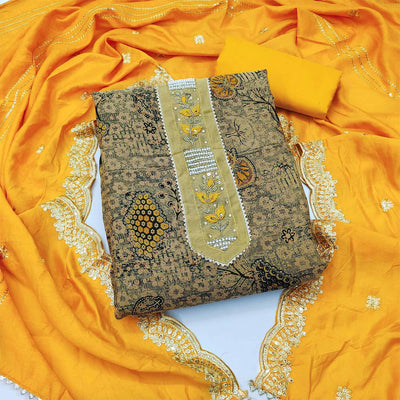 Cream Printed With Embellished Pure Cotton Dress Material