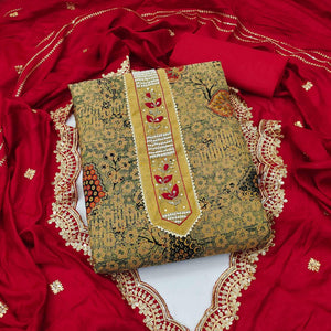 Cream Printed With Embellished Pure Cotton Dress Material