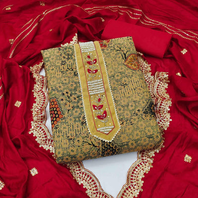 Cream Printed With Embellished Pure Cotton Dress Material