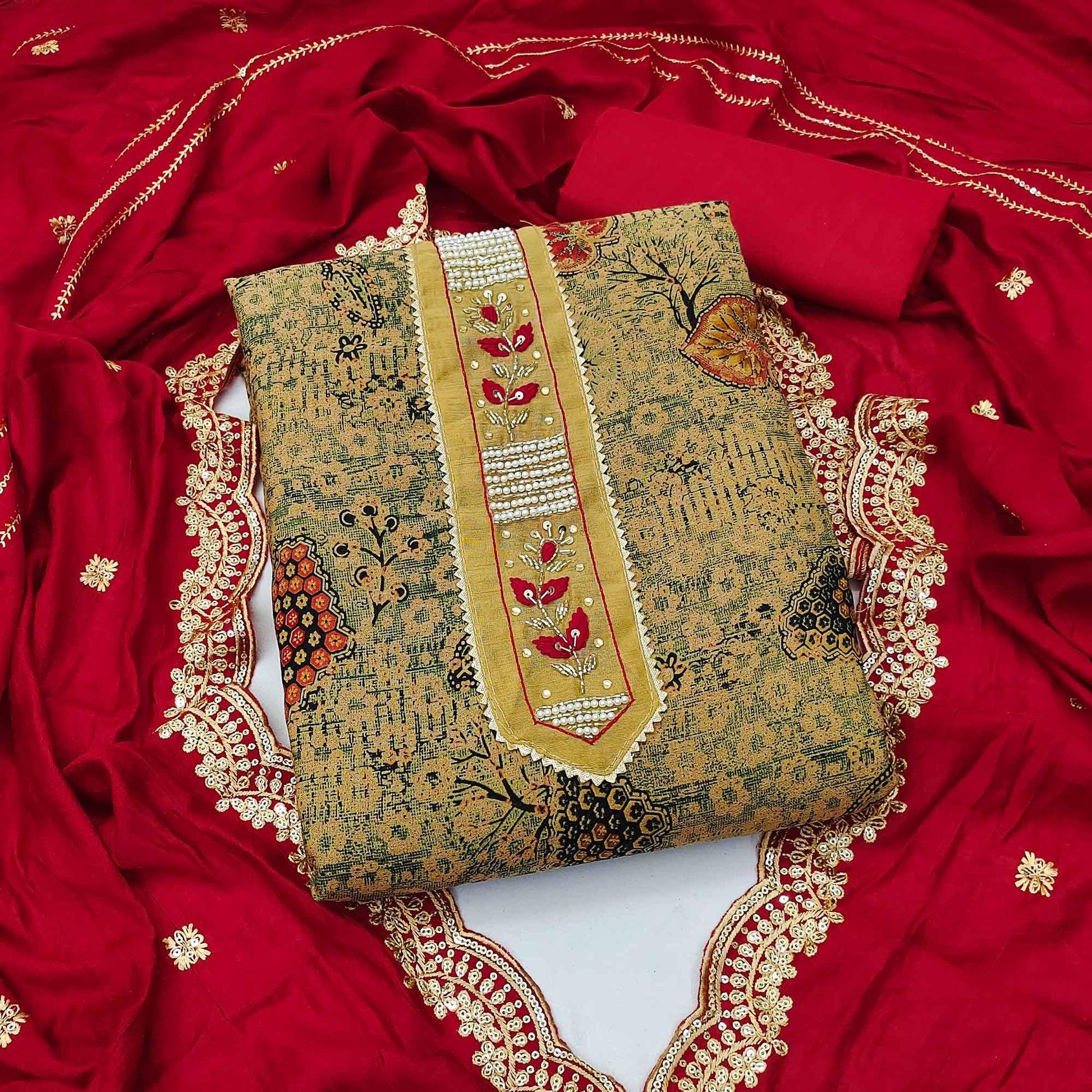 Cream Printed With Embellished Pure Cotton Dress Material