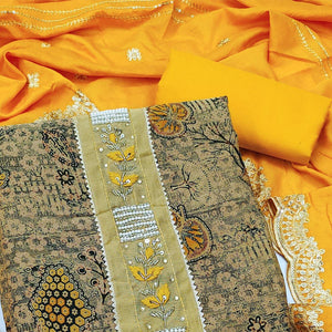 Cream Printed With Embellished Pure Cotton Dress Material