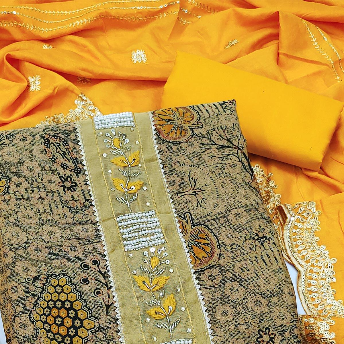 Cream Printed With Embellished Pure Cotton Dress Material