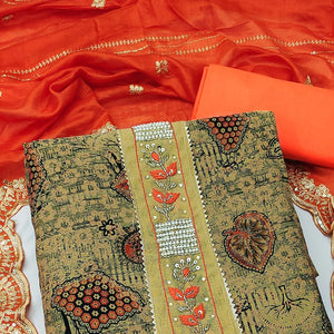 Cream Printed With Embellished Pure Cotton Dress Material