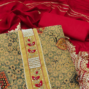 Cream Printed With Embellished Pure Cotton Dress Material