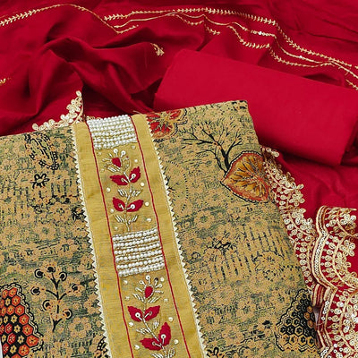 Cream Printed With Embellished Pure Cotton Dress Material