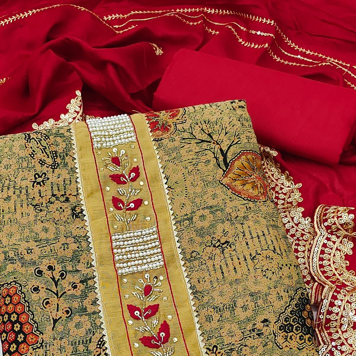 Cream Printed With Embellished Pure Cotton Dress Material