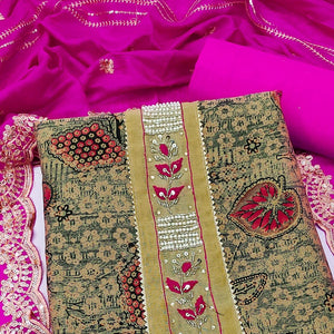 Cream Printed With Embellished Pure Cotton Dress Material