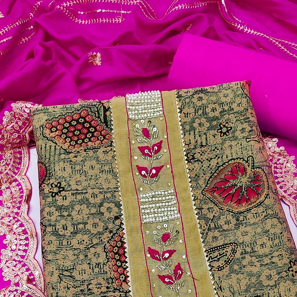 Cream Printed With Embellished Pure Cotton Dress Material