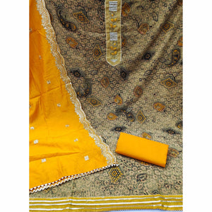 Cream Printed With Embellished Pure Cotton Dress Material