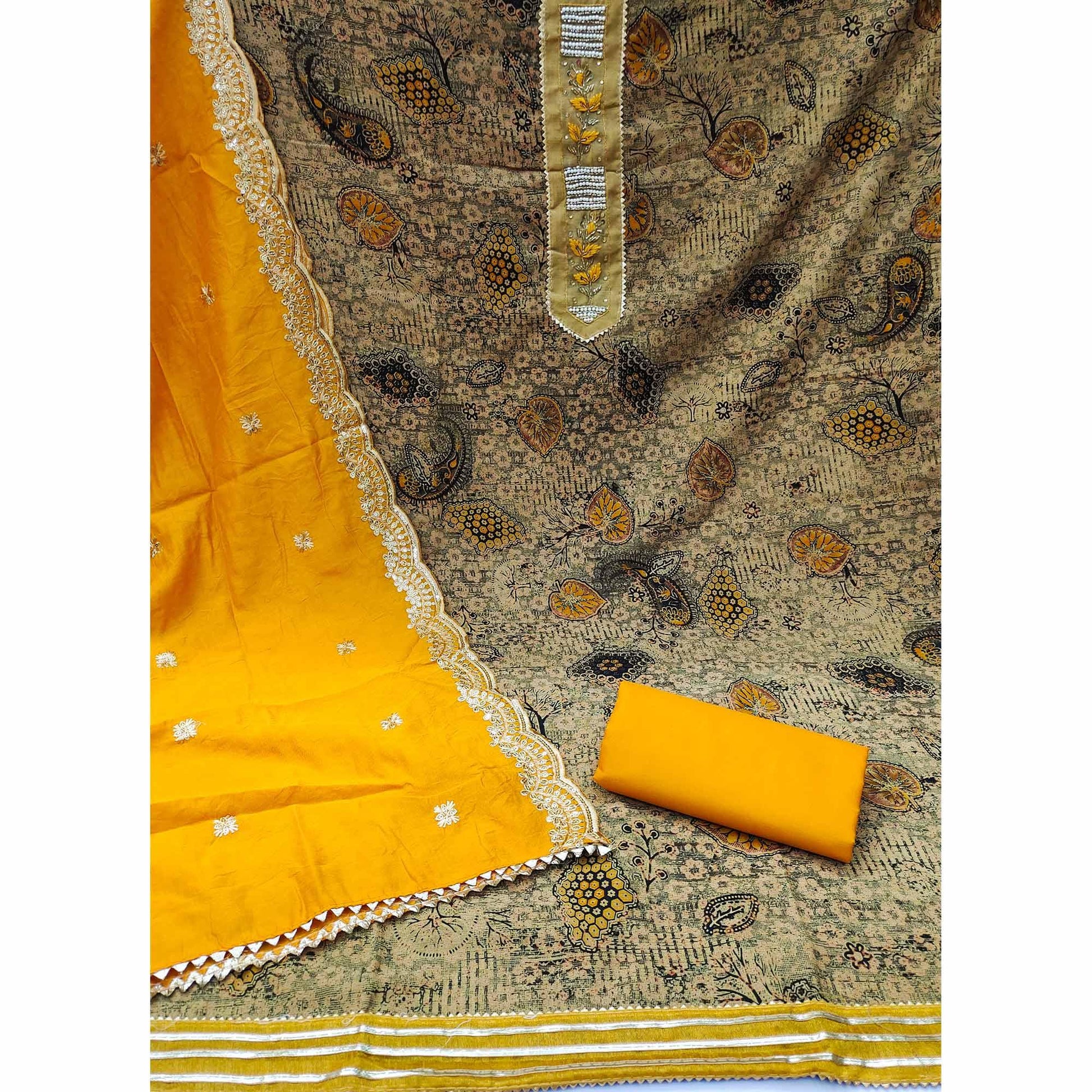 Cream Printed With Embellished Pure Cotton Dress Material