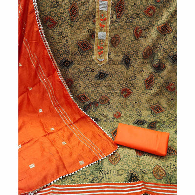 Cream Printed With Embellished Pure Cotton Dress Material