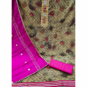 Cream Printed With Embellished Pure Cotton Dress Material