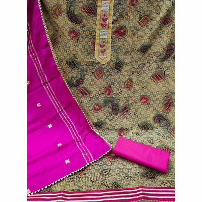 Cream Printed With Embellished Pure Cotton Dress Material