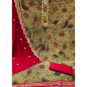 Cream Printed With Embellished Pure Cotton Dress Material