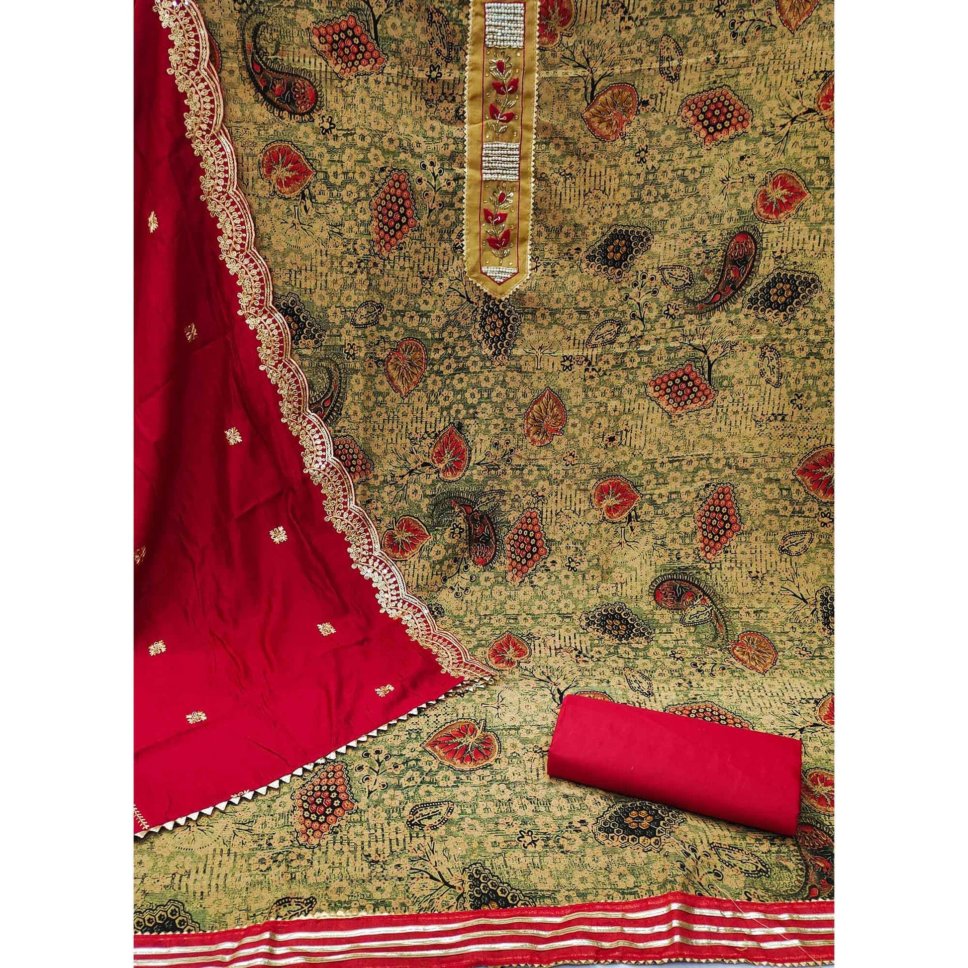 Cream Printed With Embellished Pure Cotton Dress Material