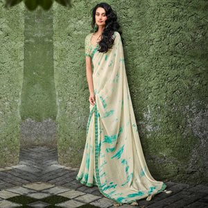 Cream Printed With Gota Patti Border Georgette Saree