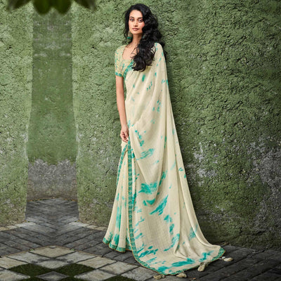 Cream Printed With Gota Patti Border Georgette Saree