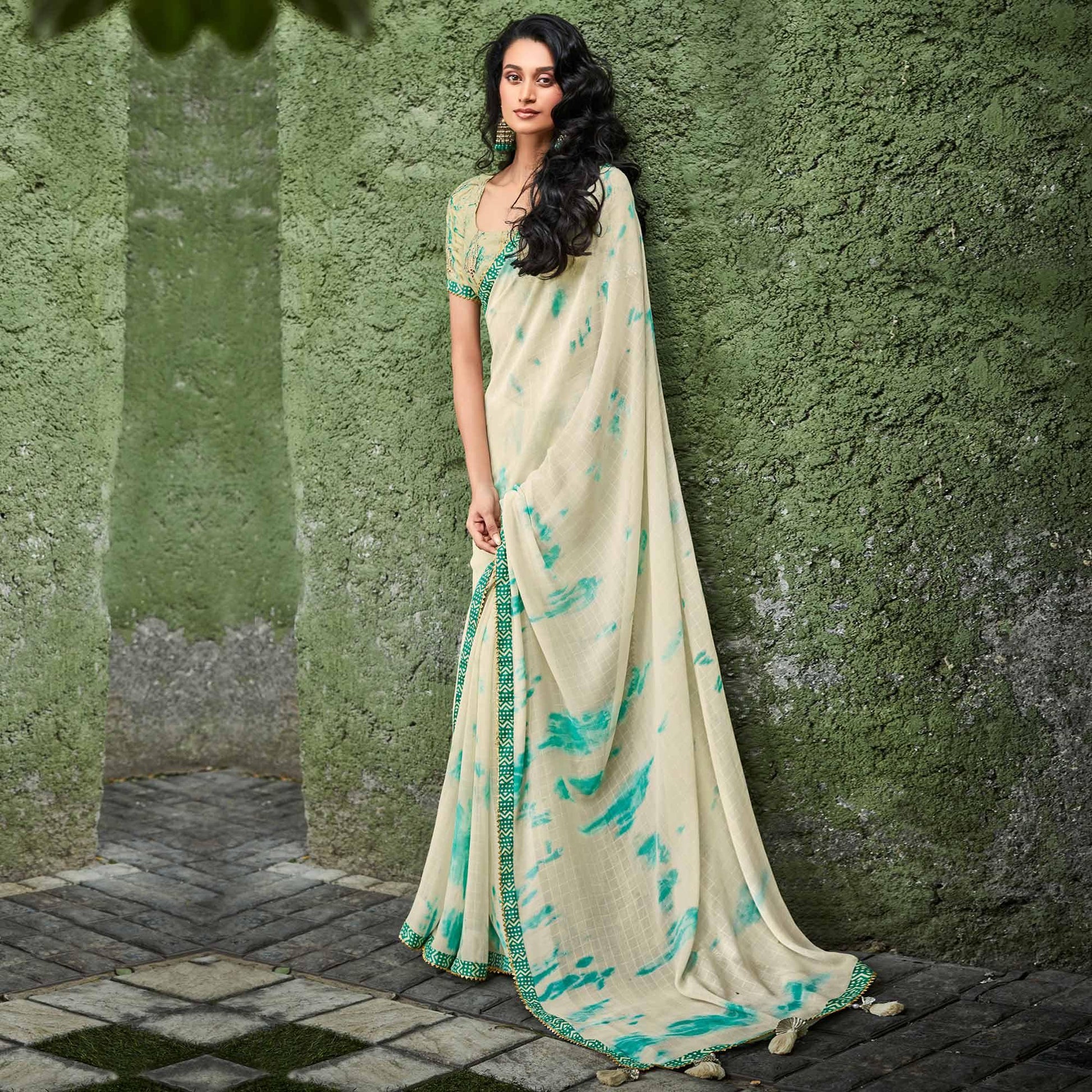 Cream Printed With Gota Patti Border Georgette Saree
