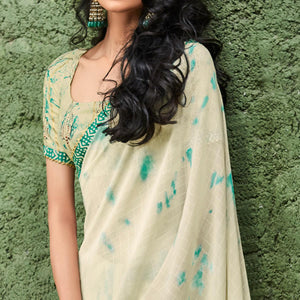 Cream Printed With Gota Patti Border Georgette Saree