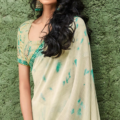 Cream Printed With Gota Patti Border Georgette Saree