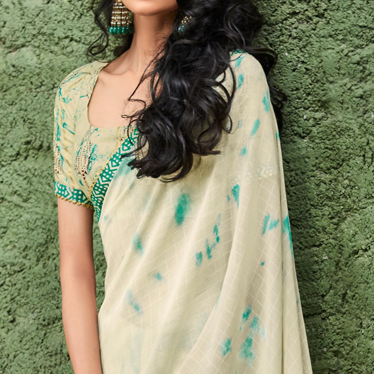 Cream Printed With Gota Patti Border Georgette Saree