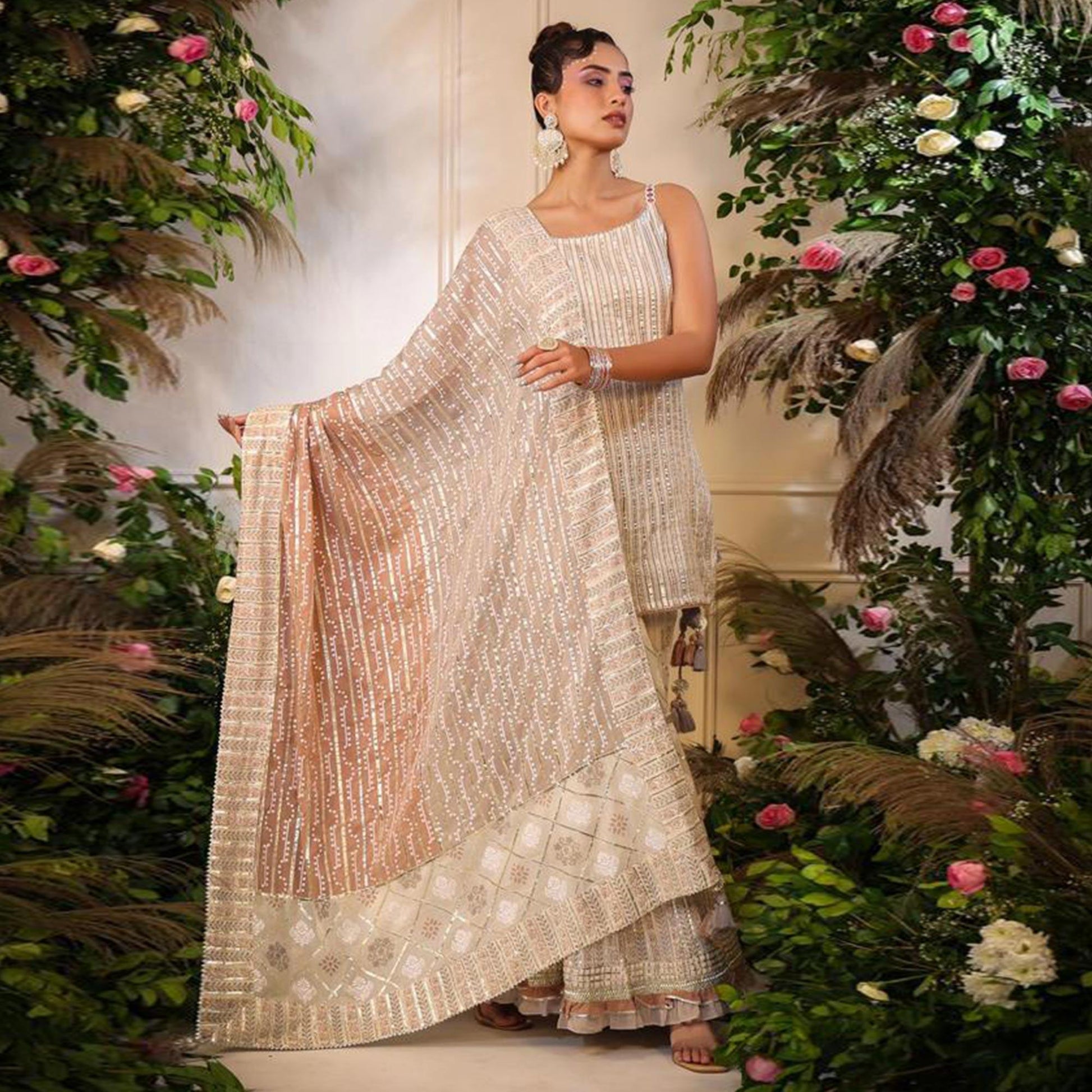 Cream Printed With Gota Work Pure Cotton Sharara Suit