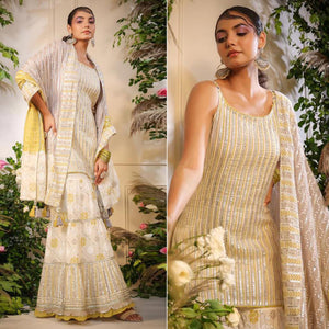 Cream Printed With Gota Work Pure Cotton Sharara Suit