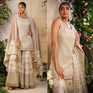 Cream Printed With Gota Work Pure Cotton Sharara Suit