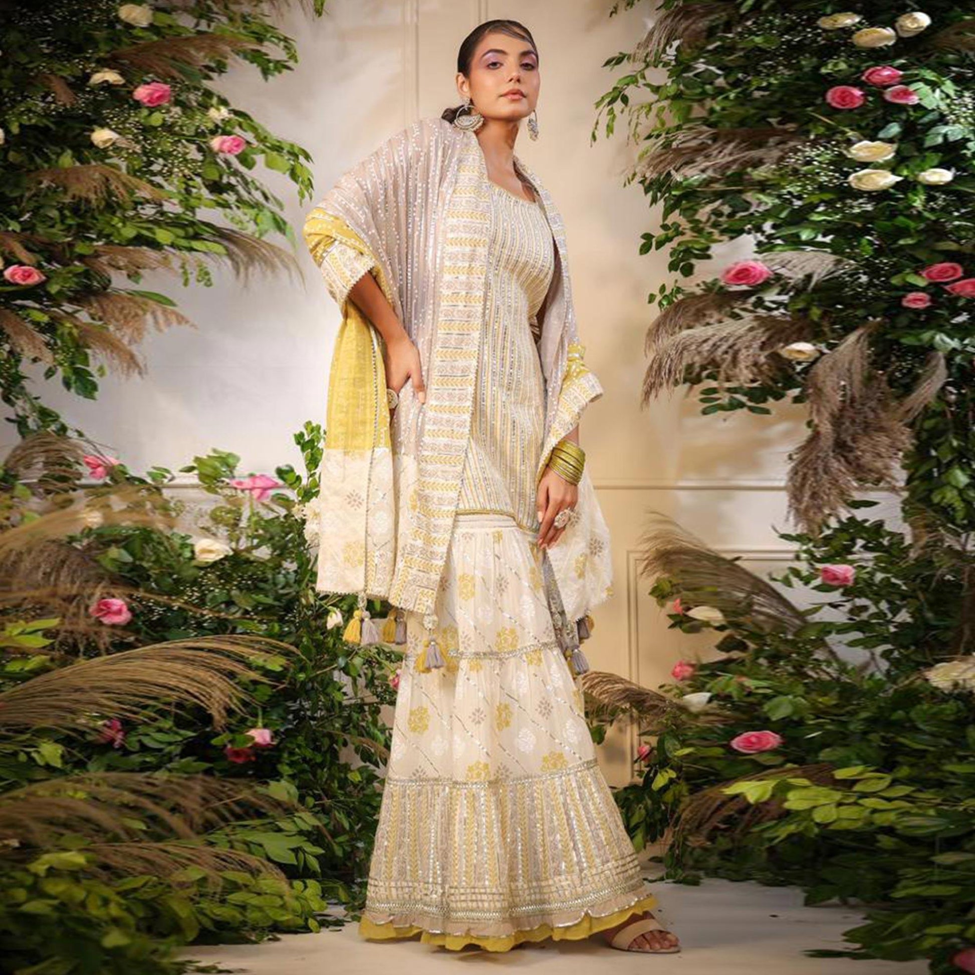 Cream Printed With Gota Work Pure Cotton Sharara Suit