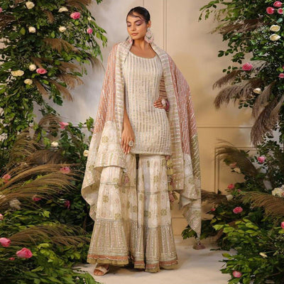 Cream Printed With Gota Work Pure Cotton Sharara Suit