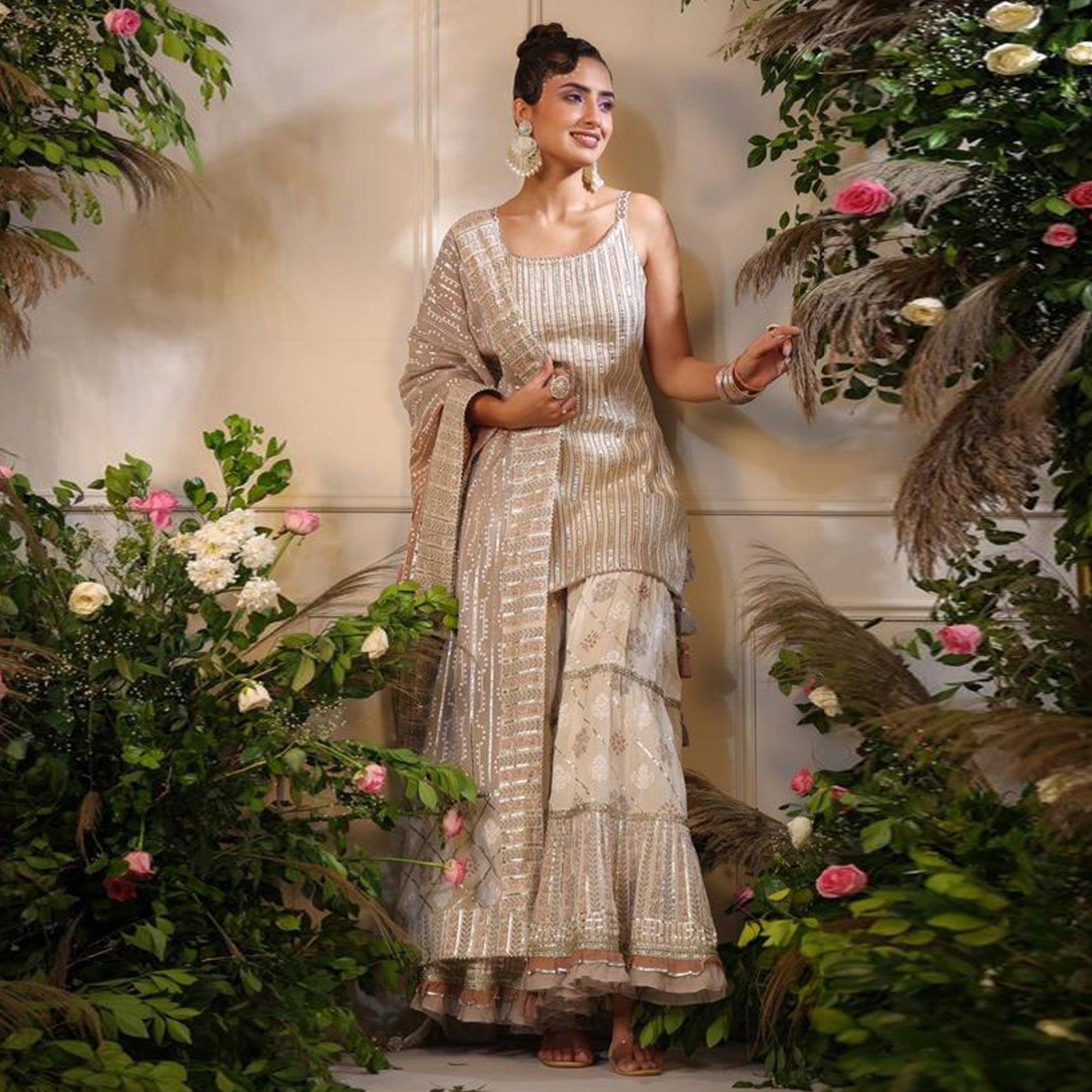 Cream Printed With Gota Work Pure Cotton Sharara Suit