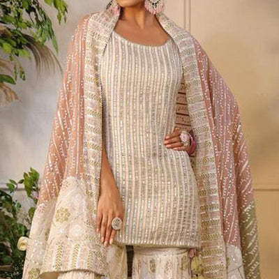 Cream Printed With Gota Work Pure Cotton Sharara Suit