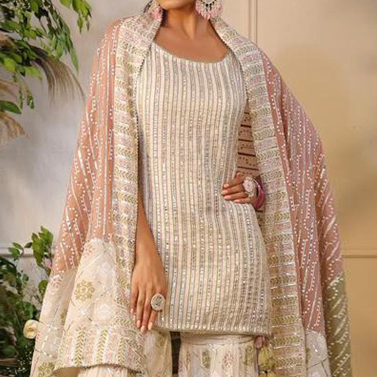 Cream Printed With Gota Work Pure Cotton Sharara Suit