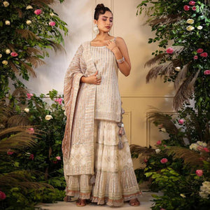 Cream Printed With Gota Work Pure Cotton Sharara Suit