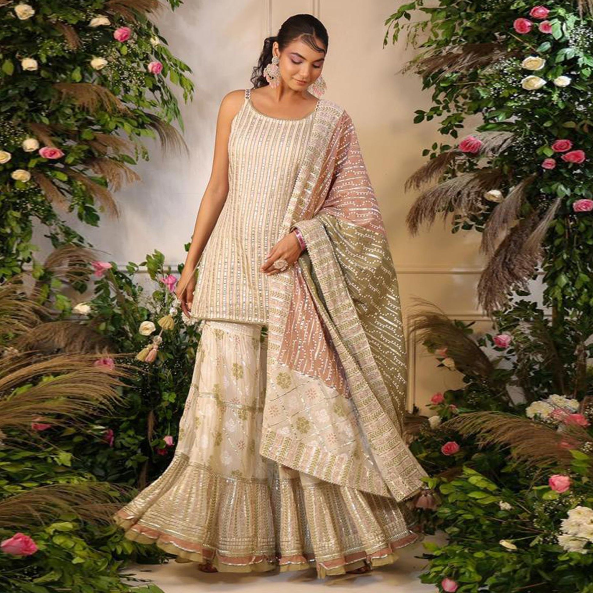 Cream Printed With Gota Work Pure Cotton Sharara Suit