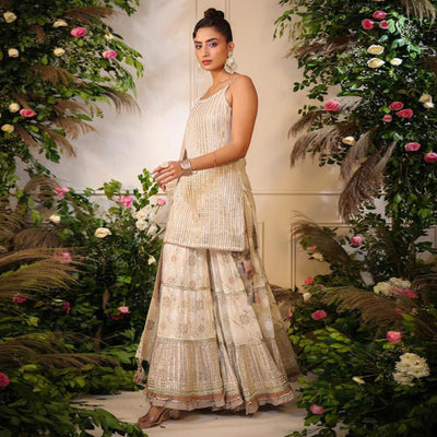 Cream Printed With Gota Work Pure Cotton Sharara Suit