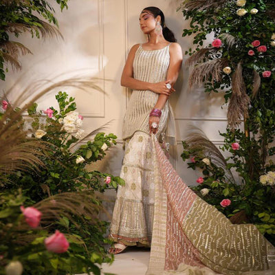 Cream Printed With Gota Work Pure Cotton Sharara Suit